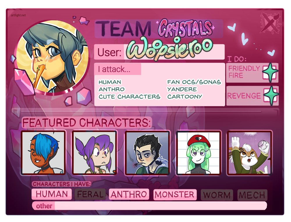 Woopsieroo's tweet image. ArtFight 2025 is just around the corner!

I'll be on the look out for characters to draw - the OtakuPuff gif are the types of attacks I'll be doing.  

Link me your profile and I'll take a look.  
I'm also open to trades!

artfight.net/~Woopsieroo 

#ArtFight2025 #TEAMCRYSTALS