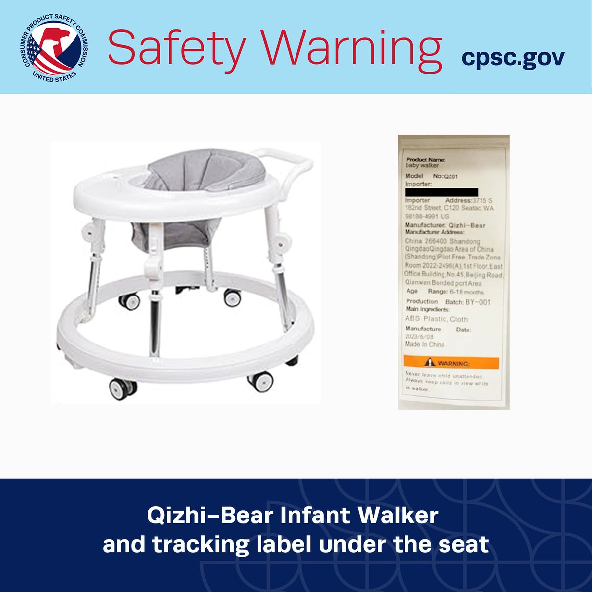 #WARNING: CPSC warns consumers to immediately stop using Qizhi-Bear Infant Walkers due to risk of serious injury or death from fall and entrapment hazards; violation of the federal standard for infant walkers.  

More: cpsc.gov/Warnings/2025/…