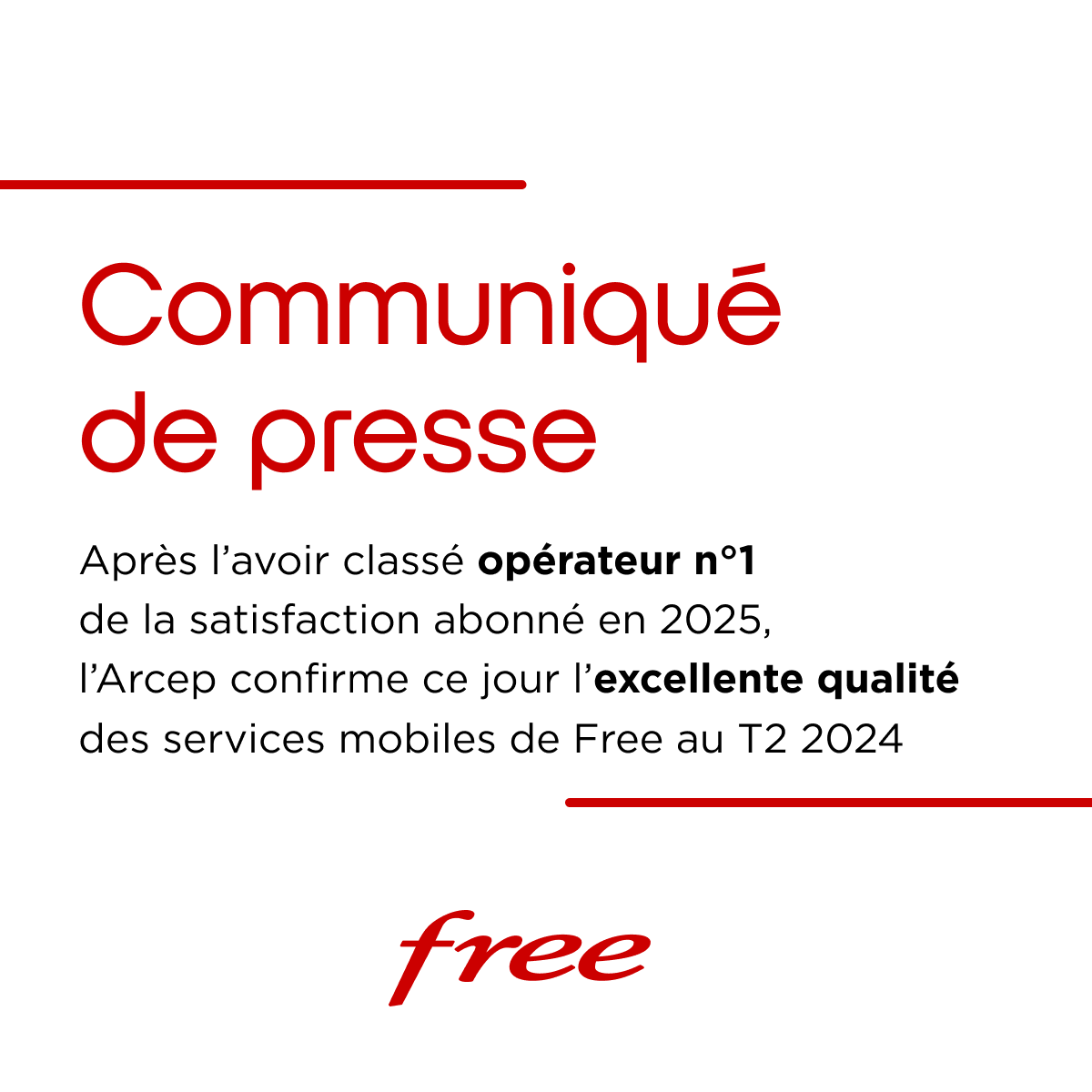GroupeIliad's tweet photo. 🗞️[COMMUNIQUE DE PRESSE]

Au terme d’une enquête administrative, l’@Arcep publie ce jour les résultats de sa campagne du 2ème trimestre 2024 sur la qualité des services mobiles en métropole, qui s’est déroulée entre mai et juillet 2024. Elle montre que la qualité globale des services mobiles de @free se maintient à un excellent niveau 👇

https://t.co/bvouLVRKoj