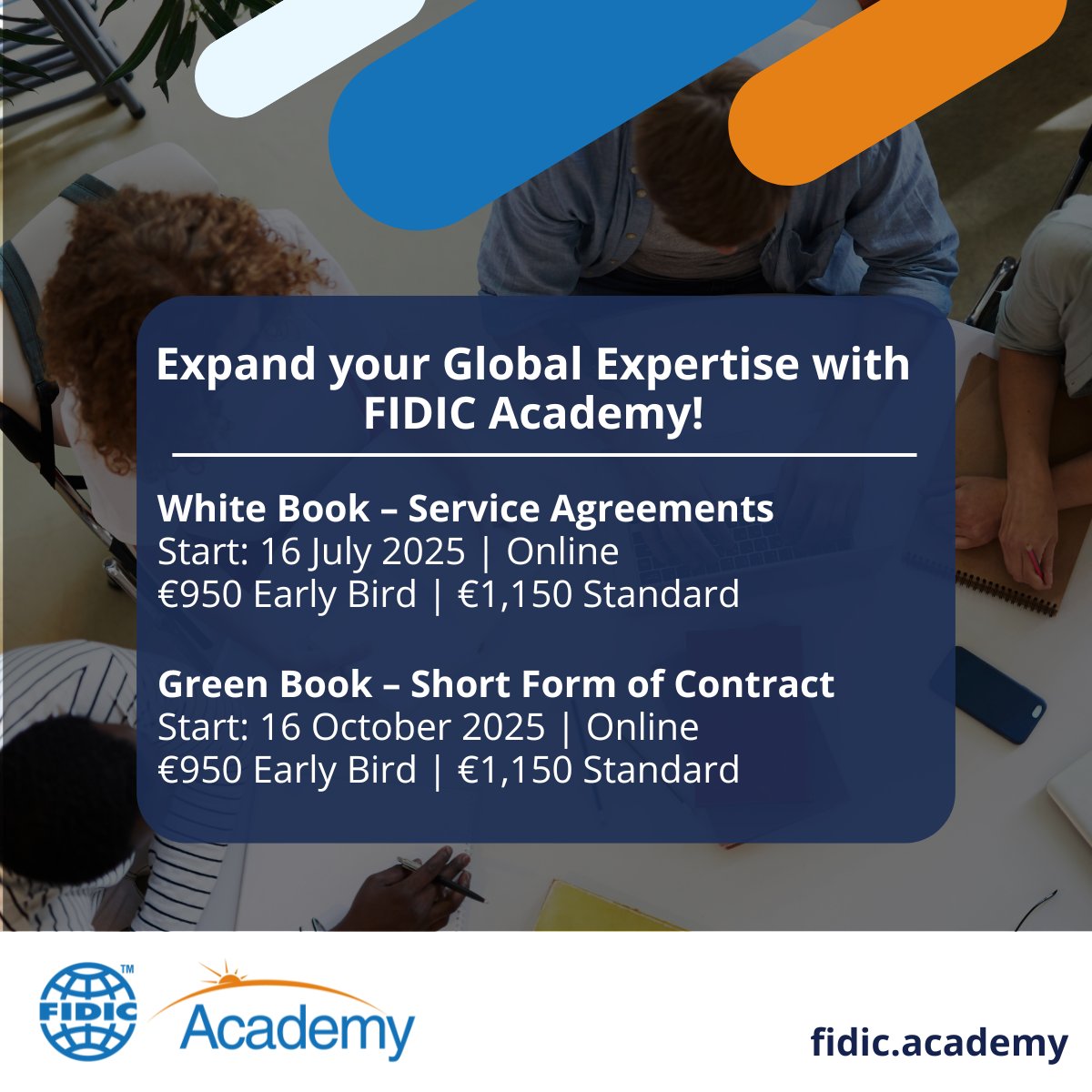 FIDIC's tweet image. 📢 Enrolment now open!
FIDIC Academy is offering special rates on two key online contract courses:
📘 White Book – Starts 16 July
📗 Green Book – Starts 16 Oct
💶 €950 Early Bird
Sharpen your contract skills & boost your global profile.
👉 Register: fidic.academy/courses/…