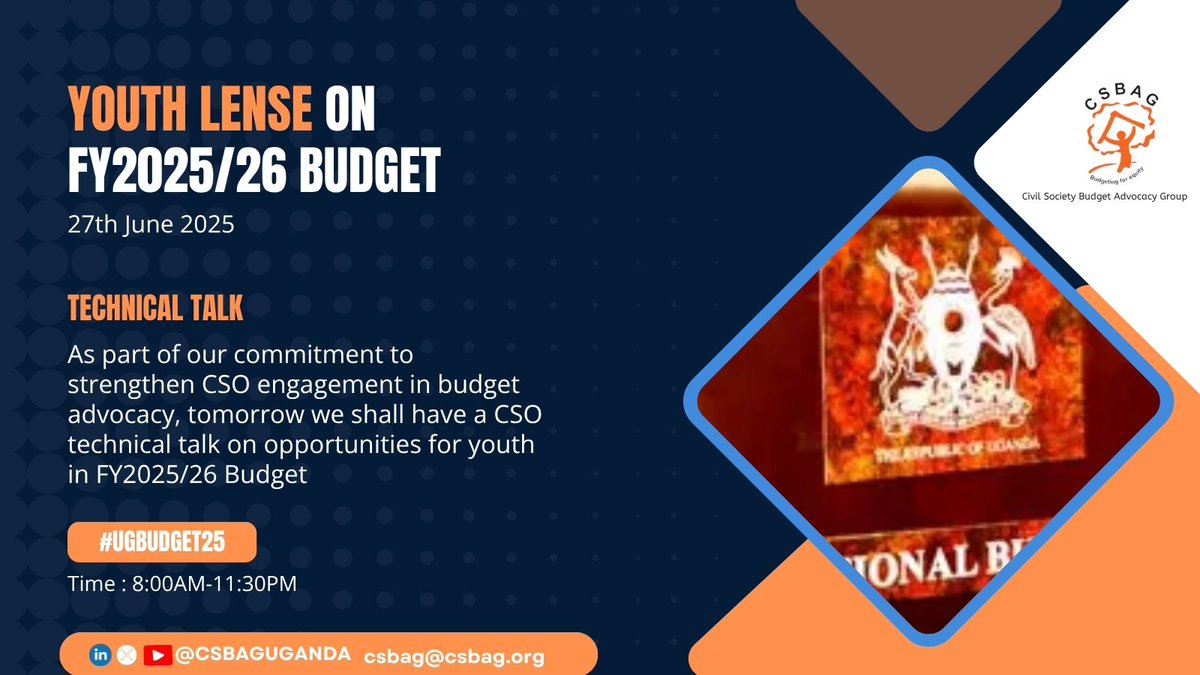 If you are youth, don't miss to follow a conversation on the Youth Opportunities in the budget slated for tomorrow between 8AM-11.30 AM.

Real Time updates will be available via #UGBUDGET25

#knowyourbudget25 
<a href="/mofpedU/">Ministry of Finance</a> 
<a href="/Moglsd_UG/">Ministry of GenderUG</a> 
<a href="/JuliusMukunda/">Julius Mukunda - truth always counts!</a> 
<a href="/KenethAsiimwe_/">Asiimwe Keneth</a>