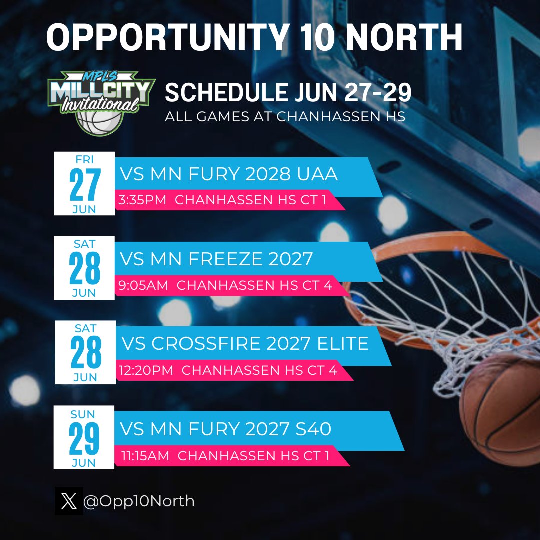 Opportunity 10 North (@opp10north) on Twitter photo Our schedule for the weekend! Jun 27-29. We are so excited to compete!! Come check out our players- many players with college potential at several levels.
<a href="/GMacHoops/">Grant McGinnis</a> <a href="/AllyMcGinnis2/">Ally</a> <a href="/EricJrAllStar/">EricJrAllStar</a> <a href="/FiveStateHoops/">Five State Hoops</a> <a href="/TheMRR7/">The Midwest Recruiting Resource</a> Our schedule for the weekend! Jun 27-29. We are so excited to compete!! Come check out our players- many players with college potential at several levels.
<a href="/GMacHoops/">Grant McGinnis</a> <a href="/AllyMcGinnis2/">Ally</a> <a href="/EricJrAllStar/">EricJrAllStar</a> <a href="/FiveStateHoops/">Five State Hoops</a> <a href="/TheMRR7/">The Midwest Recruiting Resource</a>