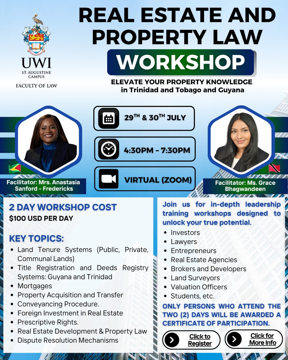 🎉 Join our 2-Day Real Estate &amp; Property Law Workshop! 🏡⚖️
📅 July 29-30 | ⏰ 4:30-7:30 PM | 💻 Online
Learn property rights, land &amp; legal insights from experts!
🔗 Register now: shorturl.at/INzKq
🔗 More Info: shorturl.at/zfxD8

#RealEstate #PropertyLaw #Workshop