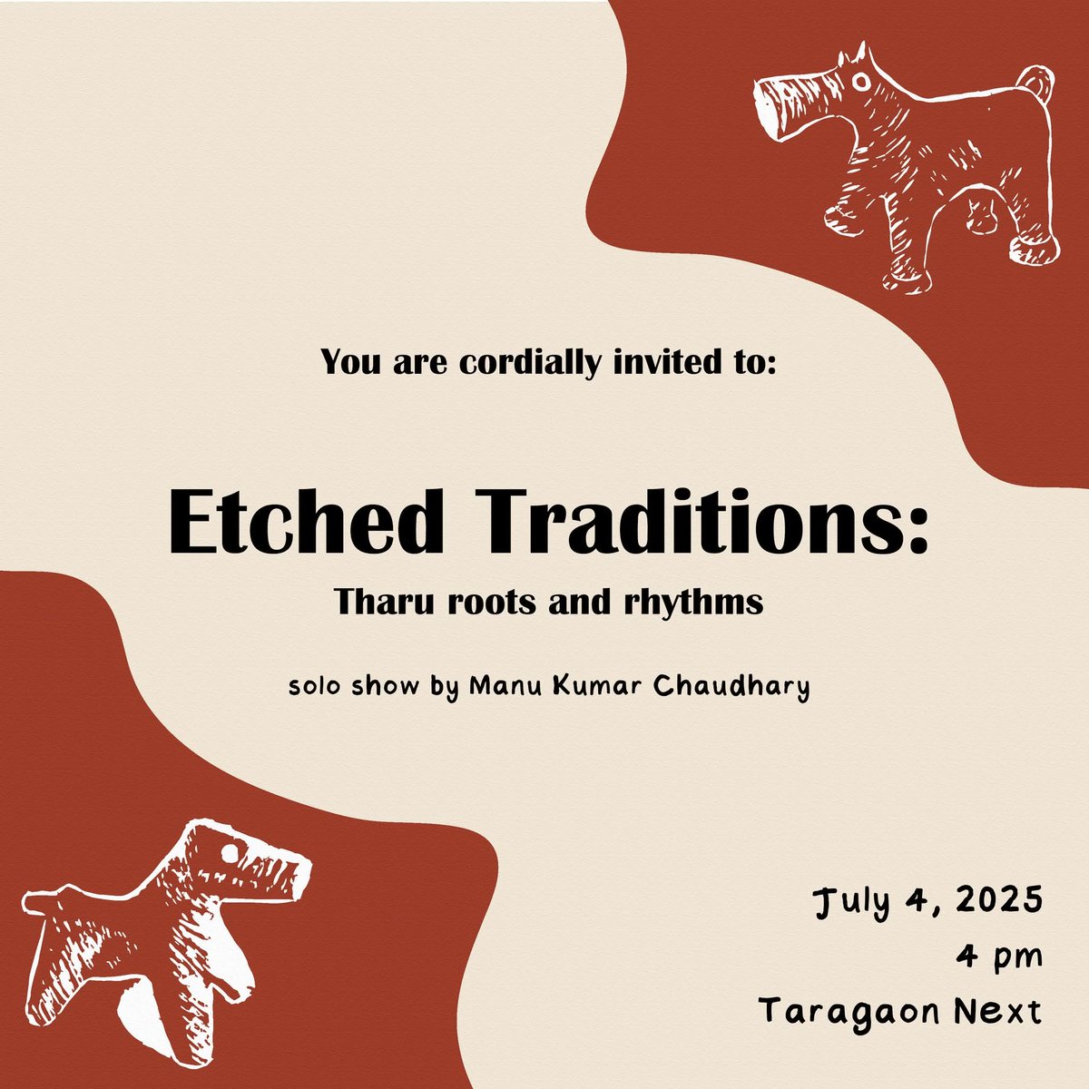 Our 8th Artist in Studio Manu Kumar Chaudhary's exhibition Etched Traditions: #Tharu Roots and Rhythms is opening on July 5, 2025 at 4 pm! 
The exhibition will be on for a week, till July 12. 
See you at the opening!!