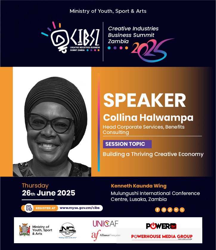 _amkanye's tweet photo. It’s happening today!
#CIBSZambia2025 is LIVE in Lusaka 🇿🇲

Catch Collina Halwampa speaking on Building a Thriving Creative Economy 

📍 Kenneth Kaunda Wing
📅 26th June 2025
🔗 https://t.co/3eHLyym3SO

#CreativeEconomy #CIBS2025 #ZambiaEvents #CreativeLeadership #CollinaHalwampa https://t.co/St9XFgOguf