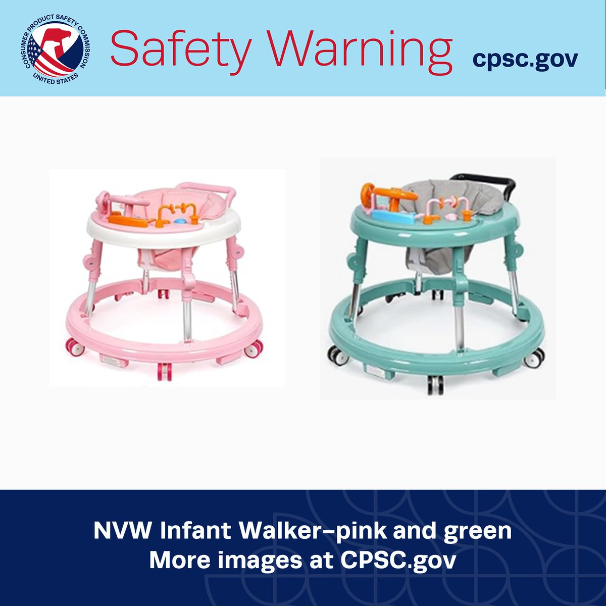 #WARNING: CPSC is warning consumers to immediately stop using NVW Infant Walkers because they pose a risk of serious injury or death from fall and entrapment hazards. 

Details: cpsc.gov/Warnings/2025/…