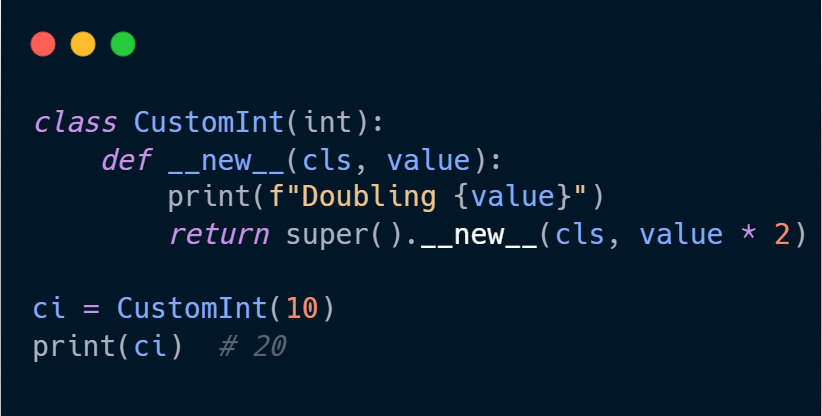 Python__Task's tweet image. 🐍Ever tried customizing an int object in Python?
But... it&apos;s immutable!
So how do you change its value on creation?
👇 Here&apos;s a trick using the __new__ magic method:

#Python #PythonCode #Coding #Programming #CodeNewbie #100DaysOfCode