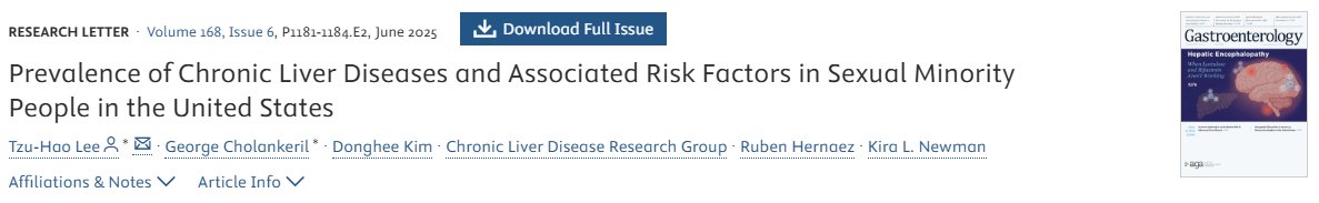 Howard T. Lee MD FAST (@howardtleemd) on Twitter photo Proud to share this🔥Hot off the press📜in <a href="/AGA_Gastro/">Gastroenterology</a>📢:
Chronic #Liver Diseases in 🏳️🌈sexual minorities.
🌈LGB identity is associated with⬆️#MASLD in men & ⬇️MASLD in women
🌈LGB men & women have⬆️ #HBV infection
🌈No significant association between #LGB identity & #HCV / Proud to share this🔥Hot off the press📜in <a href="/AGA_Gastro/">Gastroenterology</a>📢:
Chronic #Liver Diseases in 🏳️🌈sexual minorities.
🌈LGB identity is associated with⬆️#MASLD in men & ⬇️MASLD in women
🌈LGB men & women have⬆️ #HBV infection
🌈No significant association between #LGB identity & #HCV /