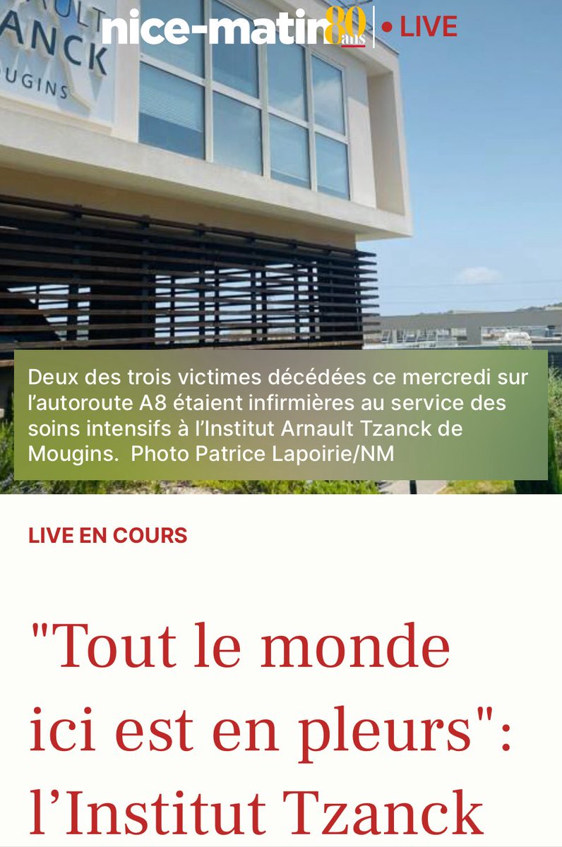 Je partage la peine du monde hospitalier mouginois qui perd 2 jeunes infirmières.
J’adresse mes condoléances à leur famille et proches. Ainsi qu’au personnel de l’institut Tzanck à Mougins où elles étaient très appréciées, et dévouées aux malades du service des soins intensifs.