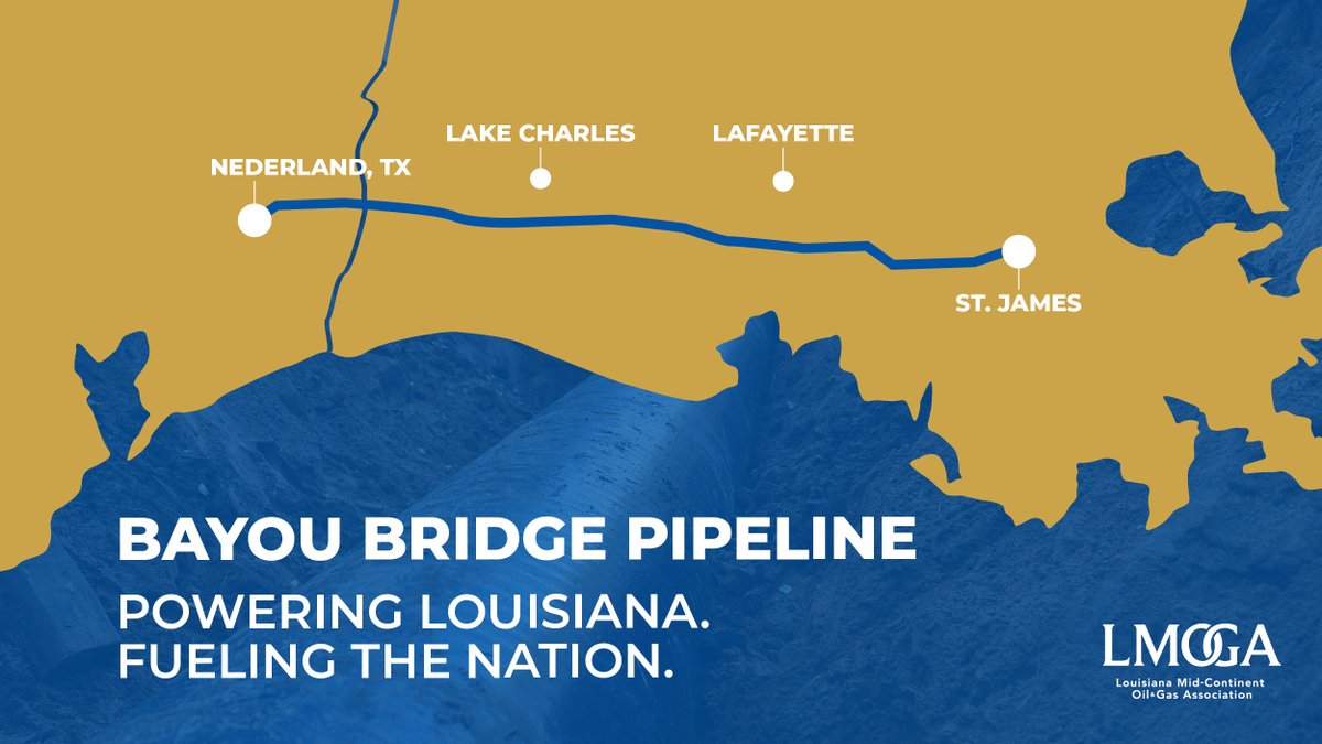 LMOGA's tweet image. The Bayou Bridge Pipeline connects Lake Charles to St. James Parish—moving up to 480,000 barrels of crude oil each day.
📍 162.5 miles across 11 parishes
👷♂️ Thousands of construction jobs created
📈 Over $800 million in economic impact
