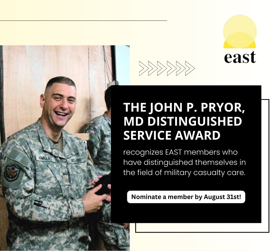 🌟 Nominate an Exceptional Leader in Military Casualty Care! 🌟

The John P. Pryor, MD Distinguished Service Award recognizes EAST members who have made outstanding contributions to military casualty care. This prestigious award honors those who demonstrate extraordinary