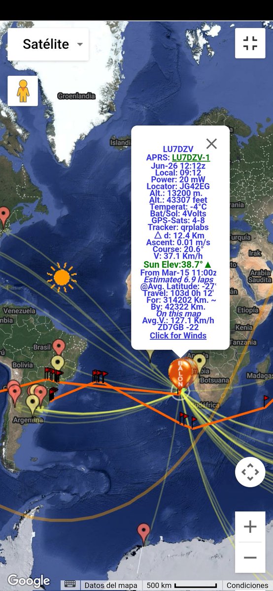 El pico globo del R.C.Gral Sarmiento vuela al oeste de Elizabeth Bay (Namibia) el día solar 103, 9no giro a la tierra. Datos: recorrió 314.200 km; altitud max 13.4 km min 12.8 km; velocidad máxima 155 km/h y 80 km/h min; +30 gr. y -25 gr temperatura; 18 mil km distancia max spot