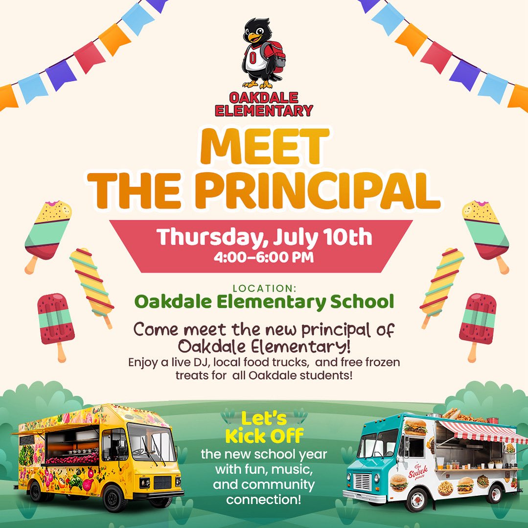 Oakdale Elementary (@oakdaleelement) on Twitter photo Please join us to meet our new principal, Ms. Ezell, at our Meet the Principal event.
🗓️ Thursday, July 10th
⏰ 4:00pm- 6:00pm
📍Oakdale Elementary School
<a href="/TCSBoardofEd/">T🍏S Board of Ed</a> <a href="/MikeDaria/">Mike Daria</a> <a href="/KieraSEzell/">Kiera S. Ezell</a> <a href="/DeniseArringt19/">Dr. Denise Arrington</a> Please join us to meet our new principal, Ms. Ezell, at our Meet the Principal event.
🗓️ Thursday, July 10th
⏰ 4:00pm- 6:00pm
📍Oakdale Elementary School
<a href="/TCSBoardofEd/">T🍏S Board of Ed</a> <a href="/MikeDaria/">Mike Daria</a> <a href="/KieraSEzell/">Kiera S. Ezell</a> <a href="/DeniseArringt19/">Dr. Denise Arrington</a>