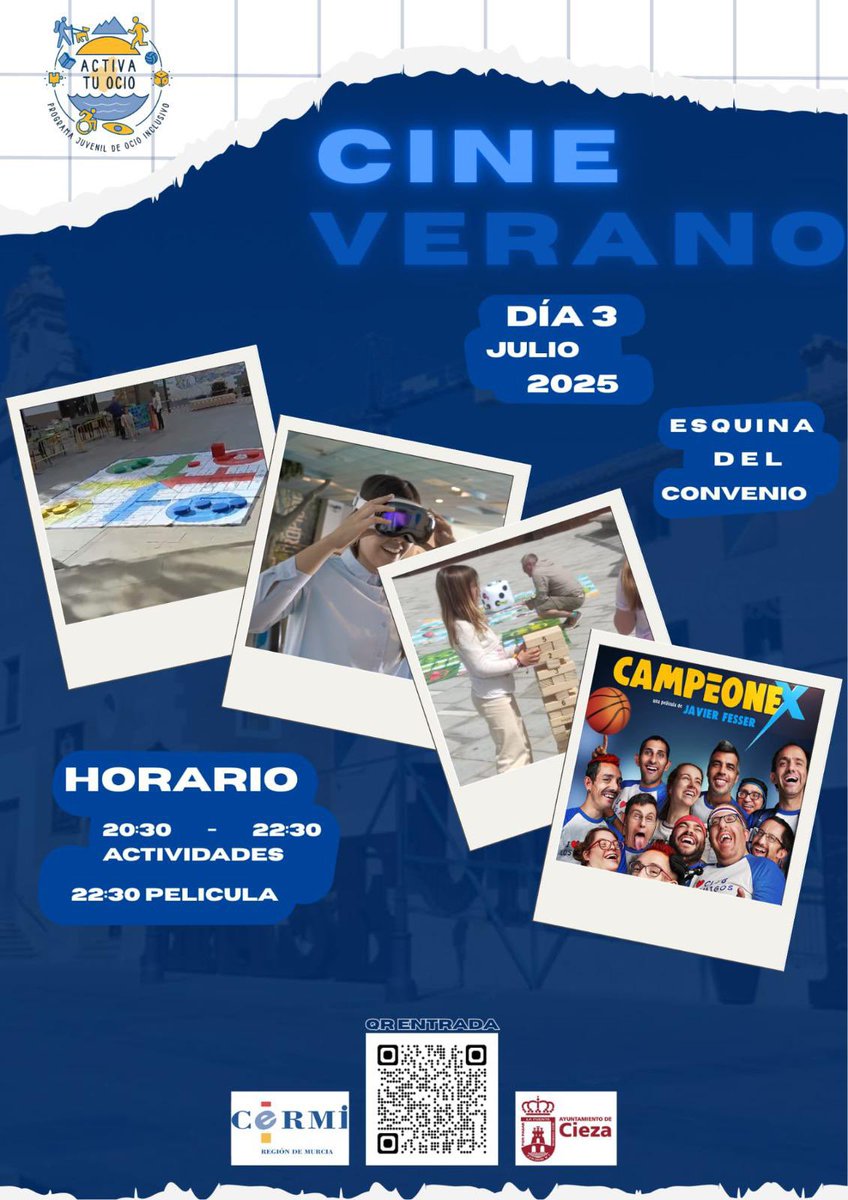 🎬 ¡Cine de verano en Cieza! Este 3 de julio, no te pierdas Campeonex al aire libre en la Esquina del Convenio. 👉 Actividades desde las 20:30h 🎥 Película a las 22:30h 📍 Actividad gratuita para jóvenes de 18 a 35 años

#ActivaTuOcio #CiezaJuventud #CineDeVerano