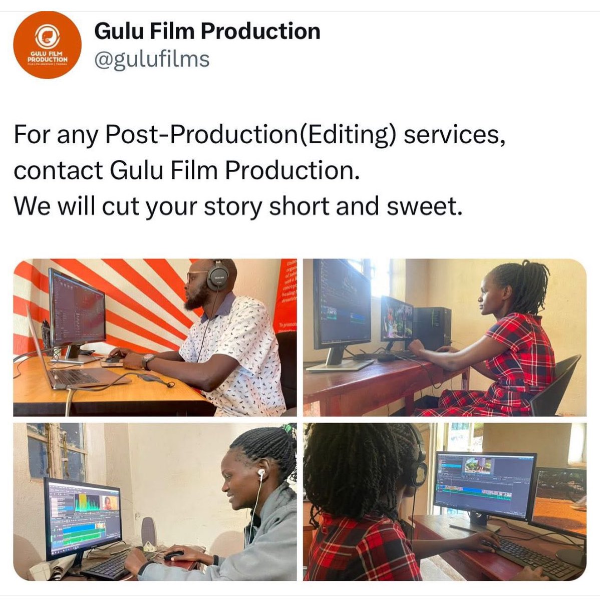 Showing primary school pupils how to edit a video at the Career Expo 2025. At Gulu Film Production we offer unlimited opportunities in the film industry.