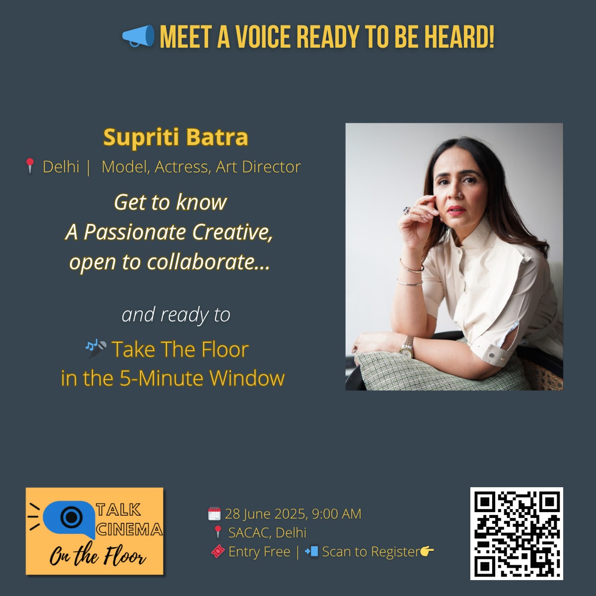 CinemaNDFF's tweet photo. Meet Supriti Batra to know her vision and creative calibre, who will TAKE THE FLOOR in #TalkCinemaOnTheFloor this Saturday.
Know more at https://t.co/cO13AWFtR3
Entry Free. Register to join: https://t.co/yFAB9oc7bE
#The5MinuteWindow #NDFF https://t.co/YpKcPq4iGi
