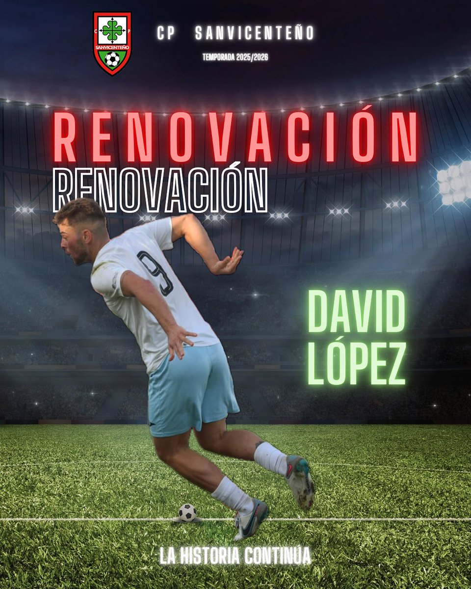 ✅ R E N O V A C I Ó N 

🔥 David López 

La historia continúa! 
David López renueva su compromiso con el CP Sanvicenteño, listo para escribir un nuevo capítulo en la historia del club. 🛡️⚪️

Vamos, Davidddd! 💪🏼 #DavidLópezRenueva #CPSanvicenteño #LaLeyendaContinúa