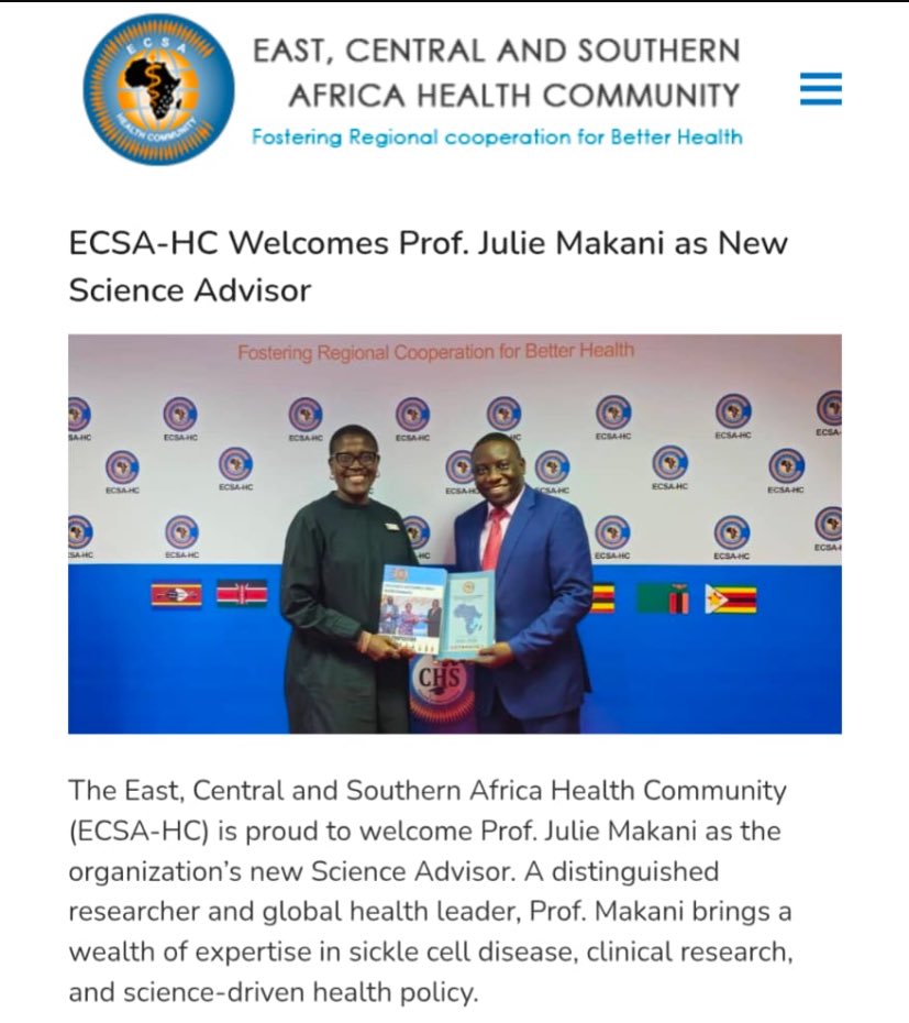 humangeneticstz's tweet photo. THGO congratulates Prof. Julie Makani, our advisory board’s General Secretary, on her appointment as Science Advisor to @ECSAHC. Her leadership in genomics and public health continues to shape the region’s future.
🔗 https://t.co/ZzZOg5sMhX
#ECSAHC #ScienceAdvisor #THGO https://t.co/xZRo84PE2F