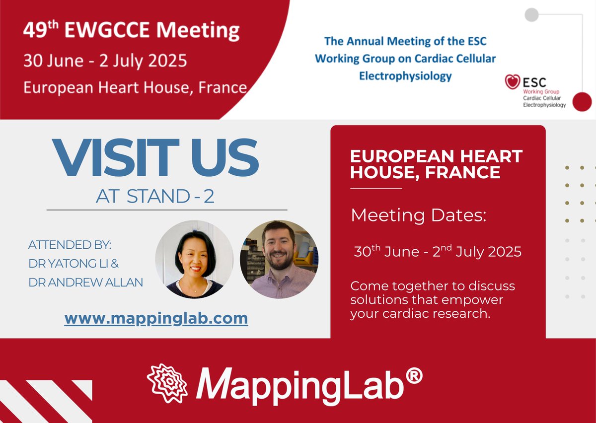 Upcoming 49th ESC #EWGCCE2025 – Bringing the very best of Cardiac Electrophysiology Research 

Time: June 30-July 2
Venue: Sophia Antipolis, France.

Meet with our team in discussing your cardiac research needs

<a href="/AndrewAllan9/">Andrew Allan</a> <a href="/li_yatong/">Yatong Li</a> #MEA #opticalmapping #cardiotwitter #heart