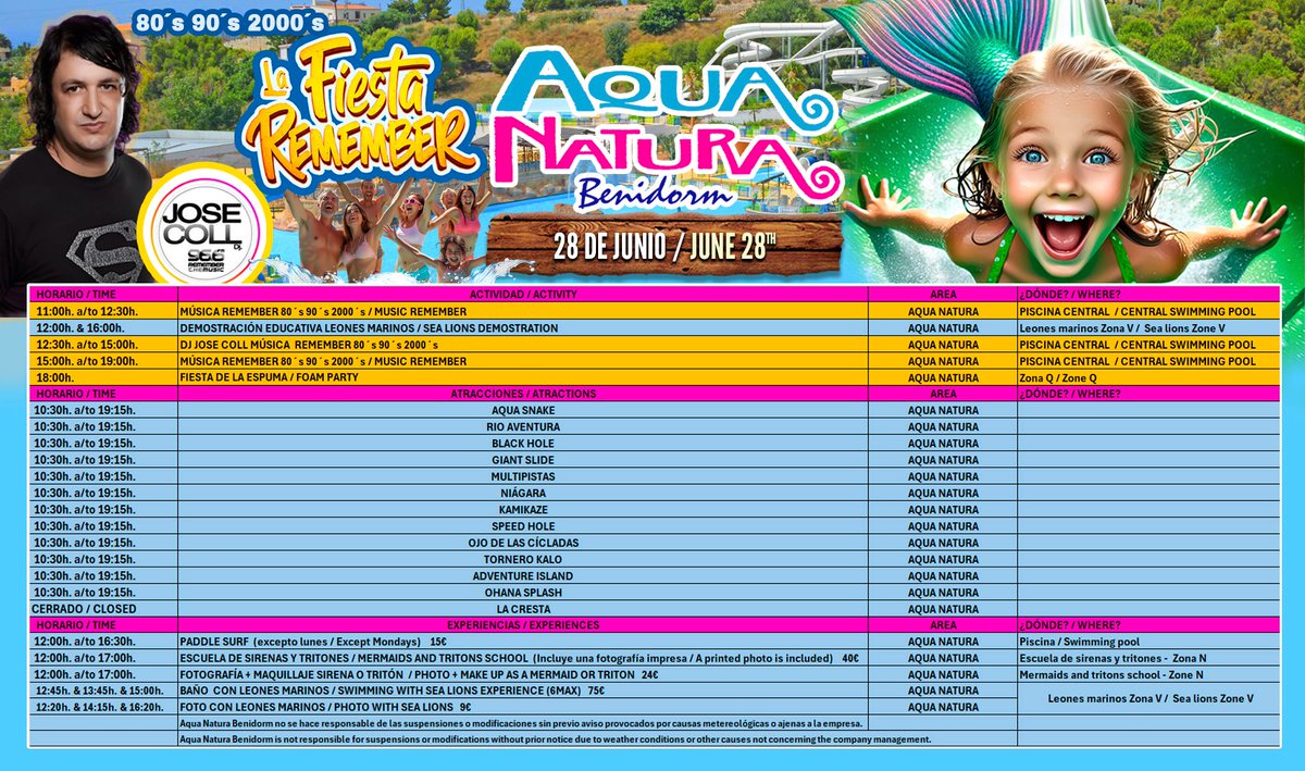 Aqua Natura Benidorm (@aquanaturapark) on Twitter photo FIESTA REMEMBER en <a href="/AquaNaturaPark/">Aqua Natura Benidorm</a> 🌊☀️🌴
Este #sábado 28 de junio, ven a #AquaNaturaBenidorm y disfruta con los mejores temazos de los 80’s, 90’s y 2000’s en LA FIESTA REMEMBER.
¡Aquí tienes el horario para que no te pierdas nada! FIESTA REMEMBER en <a href="/AquaNaturaPark/">Aqua Natura Benidorm</a> 🌊☀️🌴
Este #sábado 28 de junio, ven a #AquaNaturaBenidorm y disfruta con los mejores temazos de los 80’s, 90’s y 2000’s en LA FIESTA REMEMBER.
¡Aquí tienes el horario para que no te pierdas nada!