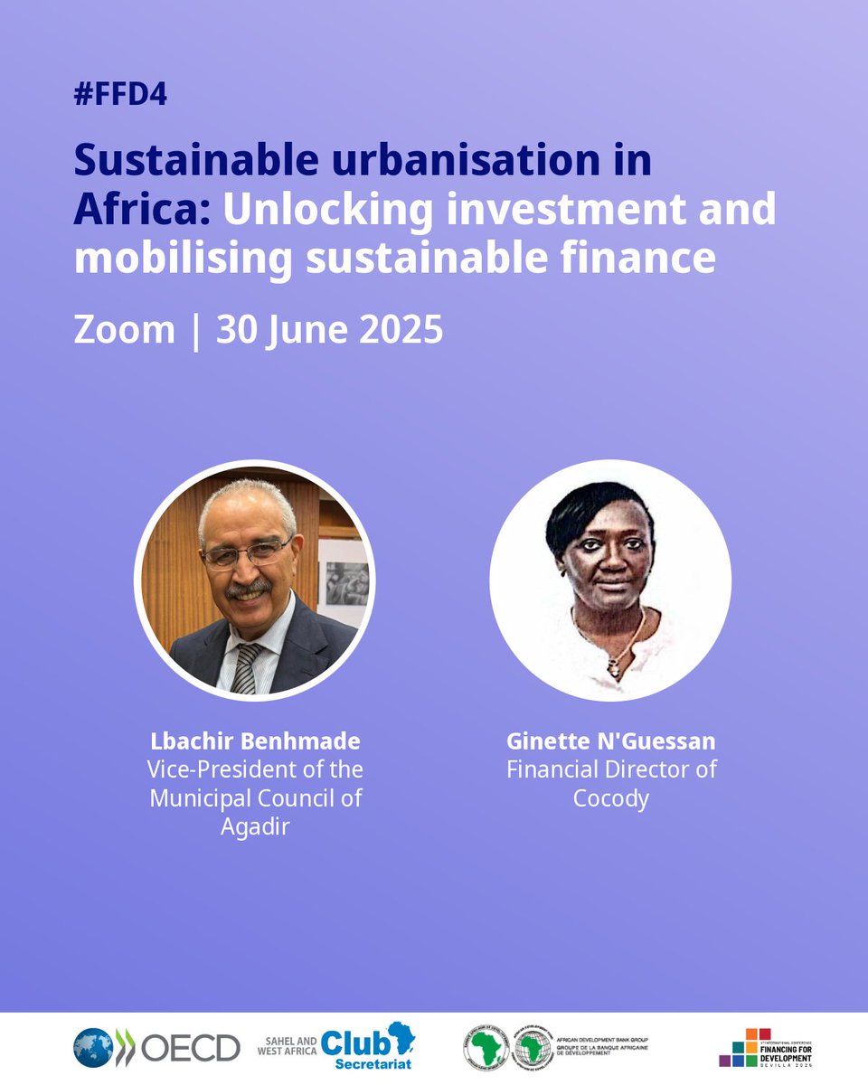 At our #FFD4 side event, hear from municipal CFOs on the barriers to financing urban growth in Africa.

To meet growing needs, cities need better fiscal tools, predictable and regular transfers and mechanisms for credit access.

🔗 Register now: oe.cd/SWACFFD4