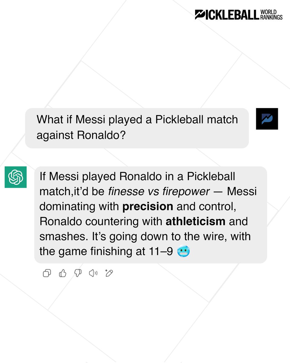 PWR_Global's tweet photo. Messi vs. Ronaldo, but on a Pickleball court. Comment below, who wins this one? 👇🐐 https://t.co/2I7ZGVD9xC