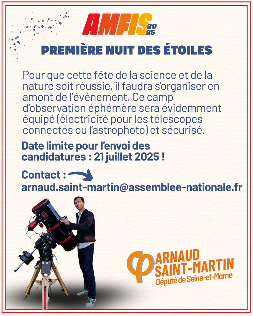Nous avons besoin de vous pour la 1ère nuit des étoiles qui aura lieu le 22 août aux AMFIS à Châteauneuf-sur-Isère. Astronomes professionnel·les ou amateur·es disposant d’un télescope ou d’une lunette, vous êtes les bienvenu·es pour faire découvrir le ciel ! Date limite : 21/7.
