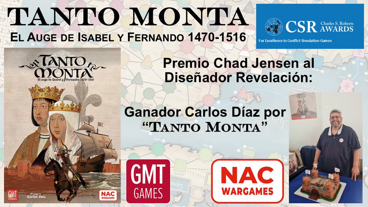 🎲🏛 In Lvdo Veritas 🏛🎲 (@ludoveritas) on Twitter photo A las 1900 empieza el #BunkerdeNAC, con Fernando, con Garrido y con un Carlos <a href="/CarlosDiazCMCM/">Carlos Díaz (Jornadas CMCM)</a> que viene de arrasar en los <a href="/CharlieAwards/">The Charles S. Roberts Awards</a> con el Mejor #Wargame Medieval y el Premio #ChadJensen al Diseñador Revelación por
TANTO MONTA
El Auge de Isabel y Fernando 1470-1516
👏🏼 A las 1900 empieza el #BunkerdeNAC, con Fernando, con Garrido y con un Carlos <a href="/CarlosDiazCMCM/">Carlos Díaz (Jornadas CMCM)</a> que viene de arrasar en los <a href="/CharlieAwards/">The Charles S. Roberts Awards</a> con el Mejor #Wargame Medieval y el Premio #ChadJensen al Diseñador Revelación por
TANTO MONTA
El Auge de Isabel y Fernando 1470-1516
👏🏼