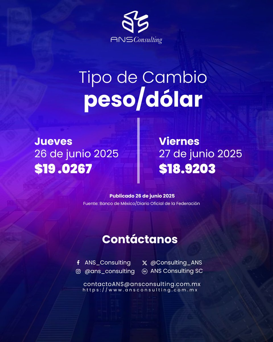 ¡Jueves en modo estrategia! ⚙️

Consulta el tipo de cambio de hoy y mantente firme en tus decisiones de comercio exterior. 📊

#TipoDeCambio #ComercioExterior #ANSConsulting #JuevesDeDatos 
￼
