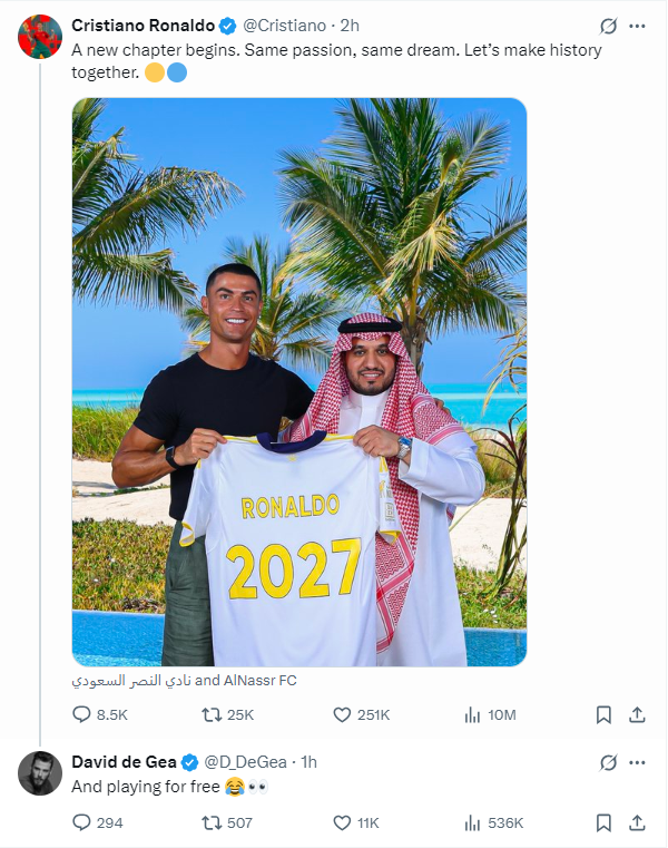 KickMasterpiece's tweet photo. David de Gea Reaction to #CristianoRonaldo new contract with #AlNassr  💀👀 https://t.co/GdmSjAkArh