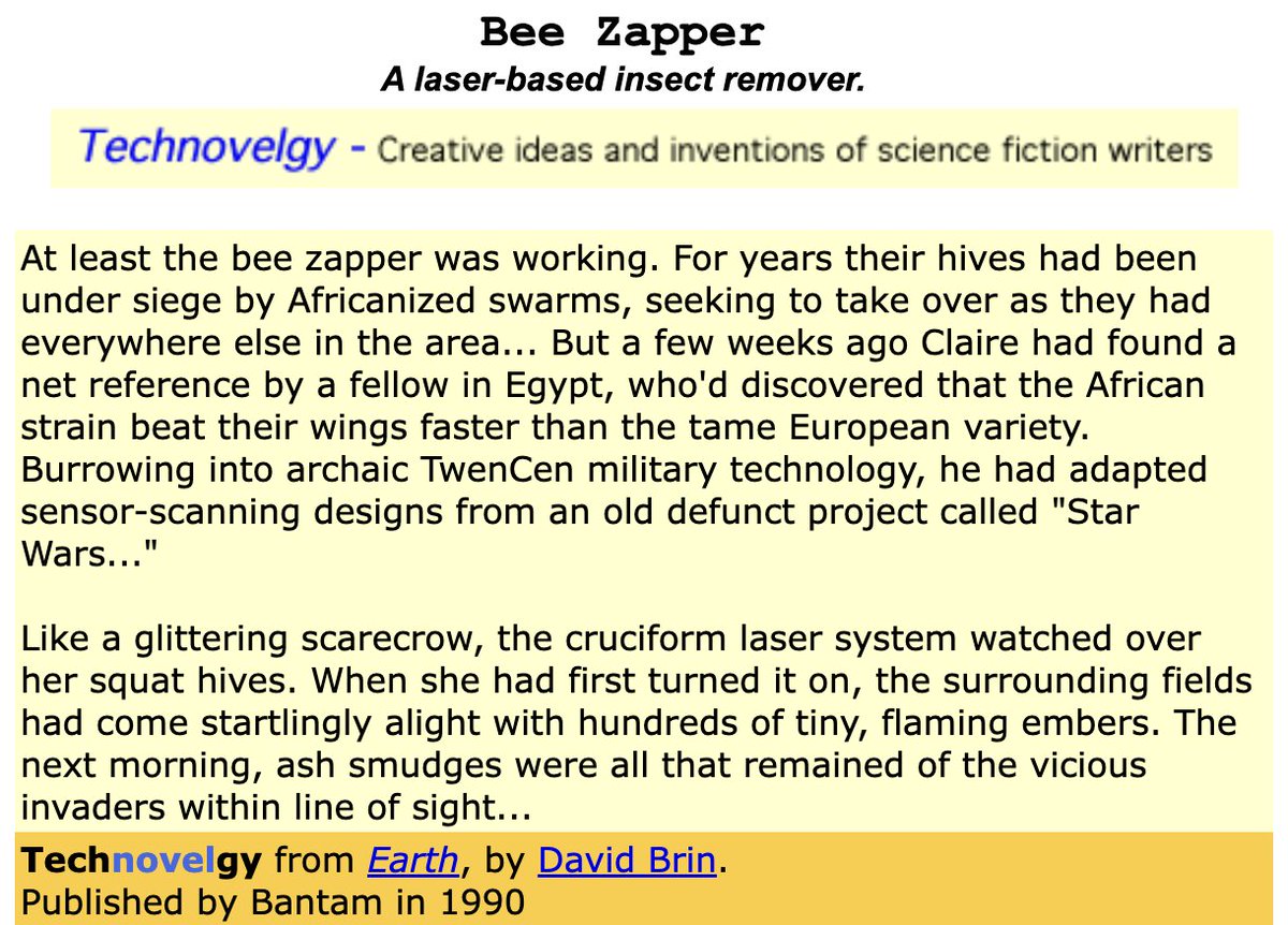 Bill Christensen (@technovelgy) on Twitter photo As predicted by science fiction!
Laser-based insect elimination from the 1990 novel "Earth" by <a href="/DavidBrin/">๐๐๐ฏ๐ข๐ ๐๐ซ๐ข๐ง</a> As predicted by science fiction!
Laser-based insect elimination from the 1990 novel "Earth" by <a href="/DavidBrin/">๐๐๐ฏ๐ข๐ ๐๐ซ๐ข๐ง</a>