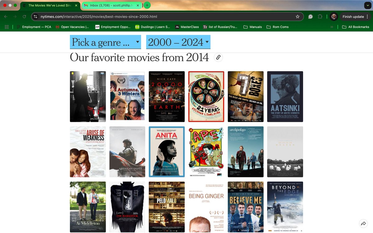 THEScottPHarris's tweet photo. I was looking through the @nytimes list of the best films of the last quarter century and my heart skipped a beat when I got to 2014 and saw my own forehead. Then I realized they just listed them alphabetically. https://t.co/OHP7oCGNma