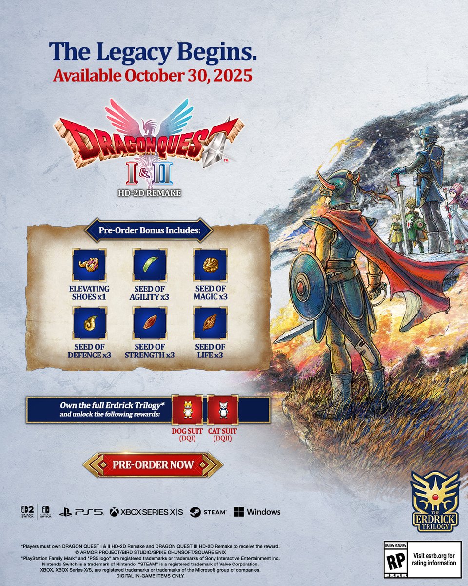 DragonQuest's tweet image. Pre-order #DragonQuest I & II HD-2D Remake* to receive a Trouble-Free Travel Kit as a digital bonus, containing:β£
β£
π Elevating Shoes x1β£
π Seed of Agility x3β£
β£ β¨ Seed of Magic x3β£
π‘οΈ Seed of Defence x3β£
β£
πͺ Seed of Strength x3β£
β£
π± Seed of Life x3β¦