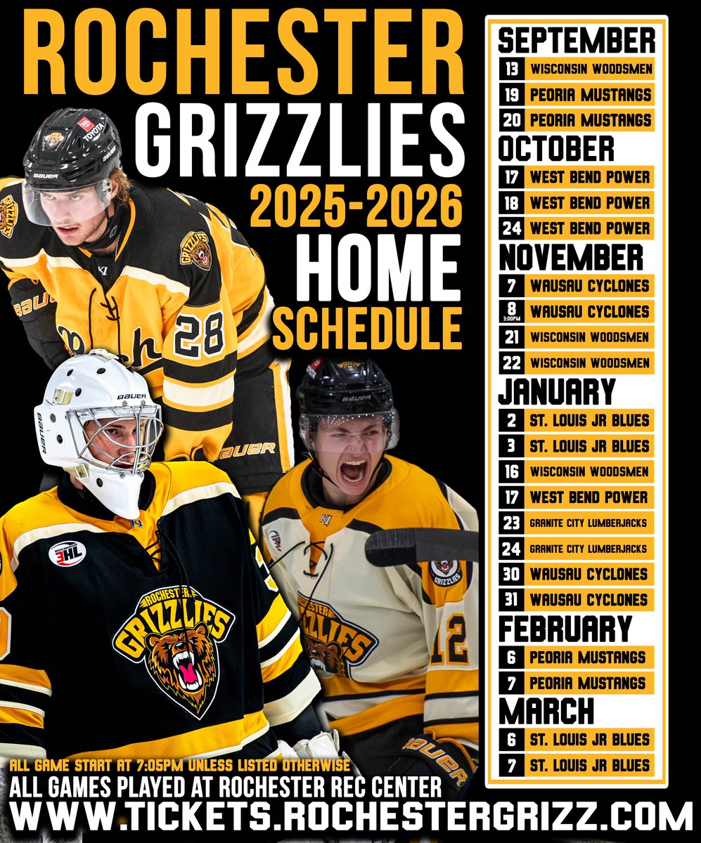 🐻GRIZZ 25-26’ HOME SCHEDULE🐻

September: 🪵🧔🏻 &amp; 🐴
October: ⚡️
November: 🌪️ &amp; 🪵🧔🏻
December: 😢😢😢
January: 🎵 &amp; 🪵🧔🏻 &amp; ⚡️ &amp; 🪓 &amp; 🌪️
February: 🐴
March: 🎵

🎟️Season tickets ON SALE NOW, single game tickets will go on sale in AUGUST🎟️

Tickets.rochestergrizz.com

#WeAreRochester