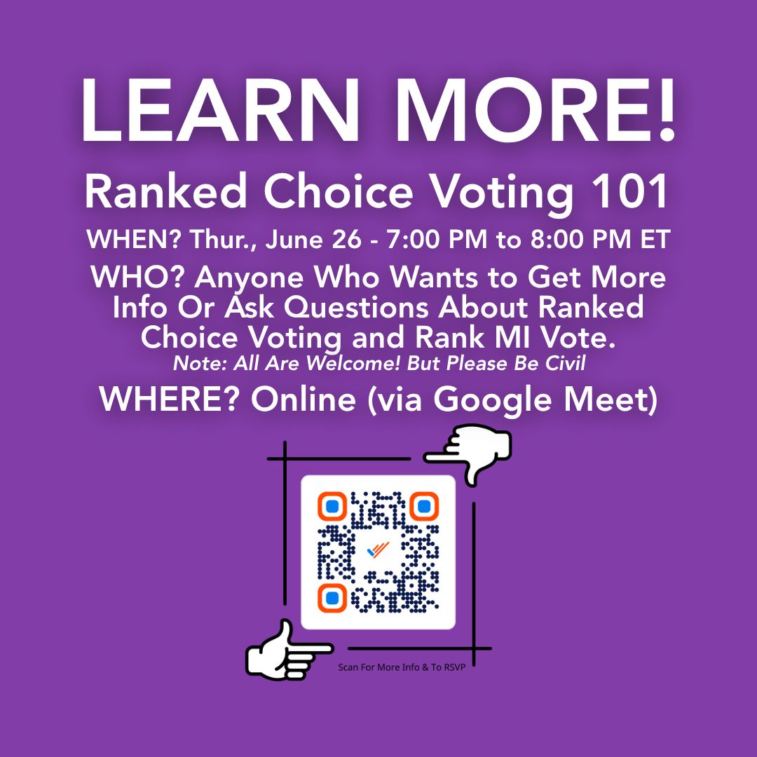 RankMIVote's tweet image. 📢 Want Fairer Elections?
Learn More @ Ranked Choice Voting 101 – FREE Online Info Session!
📅 Thursday, June 26
🕖 7:00–8:00 PM ET
📍 Online via Google Meet (Link sent after you RSVP.)
What’s Ranked Choice Voting (aka #RCV)?
It’s a simple upgrade to how we vote—so elections…