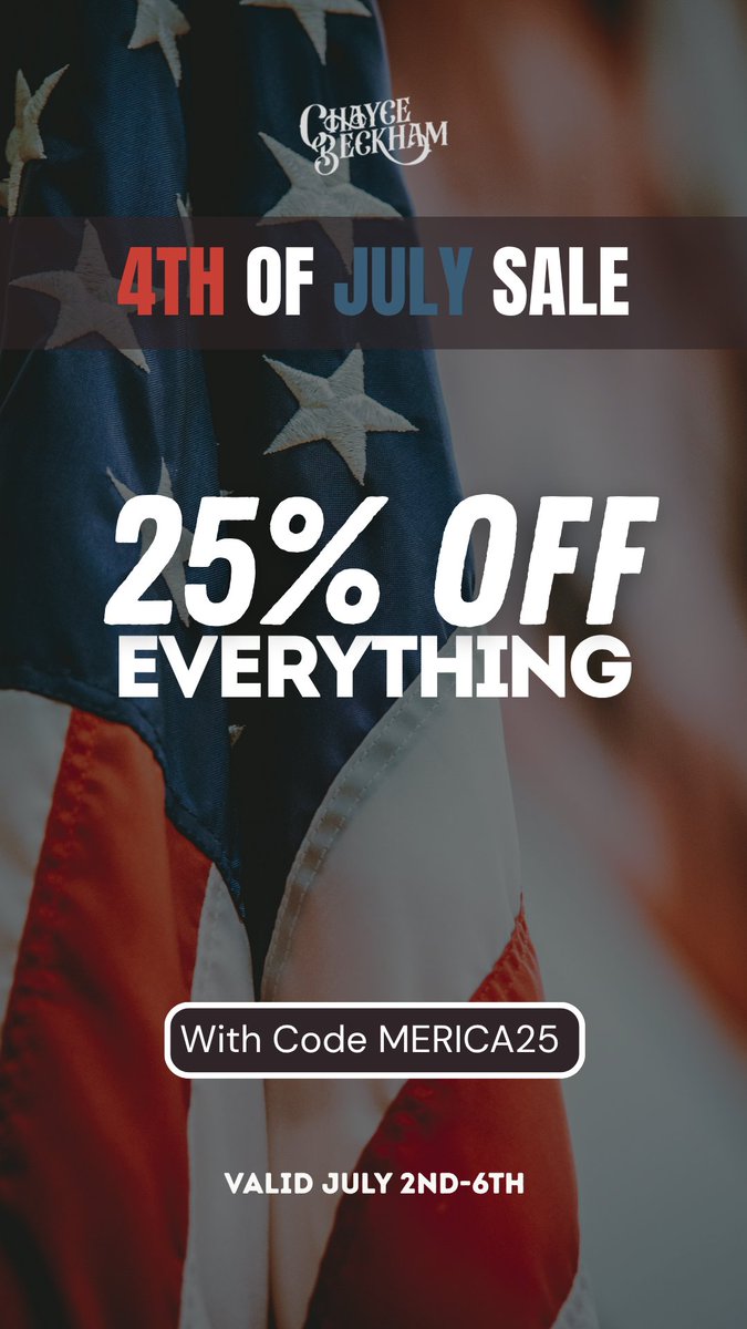 Chayce Beckham (@chaycebeckham) on Twitter photo Sale ends today! Who has gotten some new merch for the fall? Use code MERICA25!
chaycebeckham.myshopify.com Sale ends today! Who has gotten some new merch for the fall? Use code MERICA25!
chaycebeckham.myshopify.com