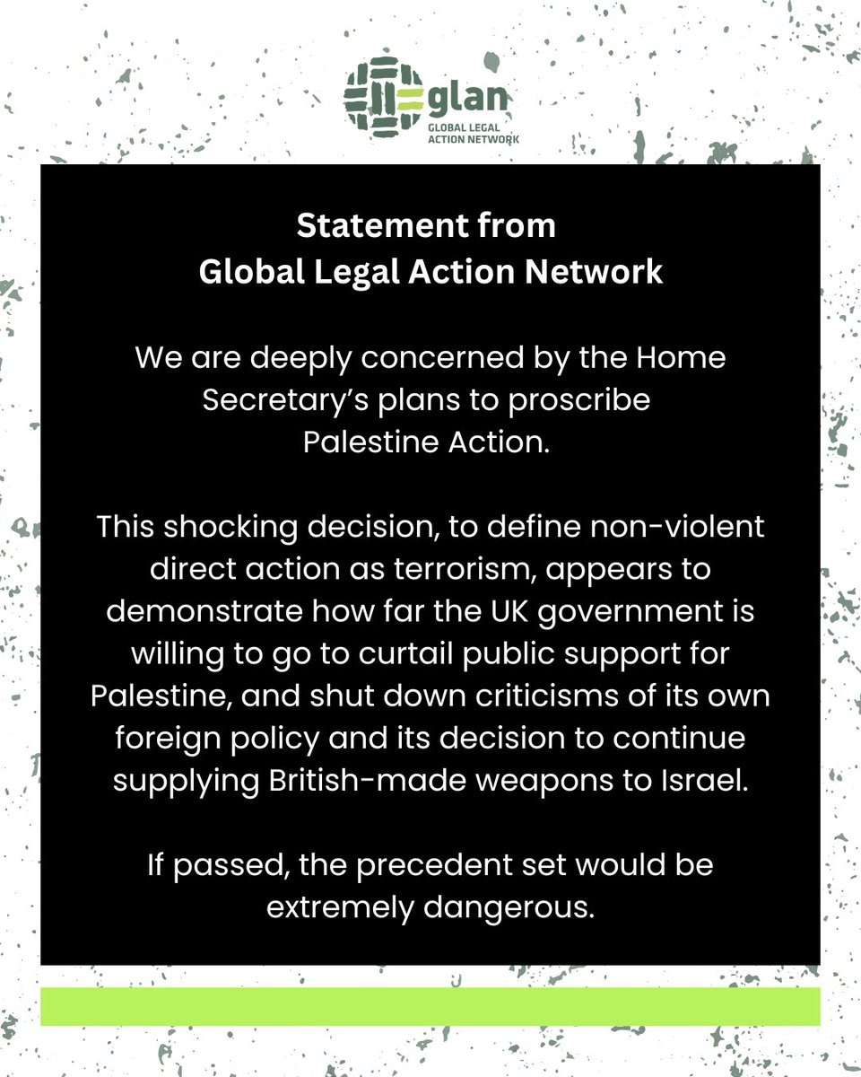 Statement from GLAN on Home Secretary's plan to proscribe Palestine Action.