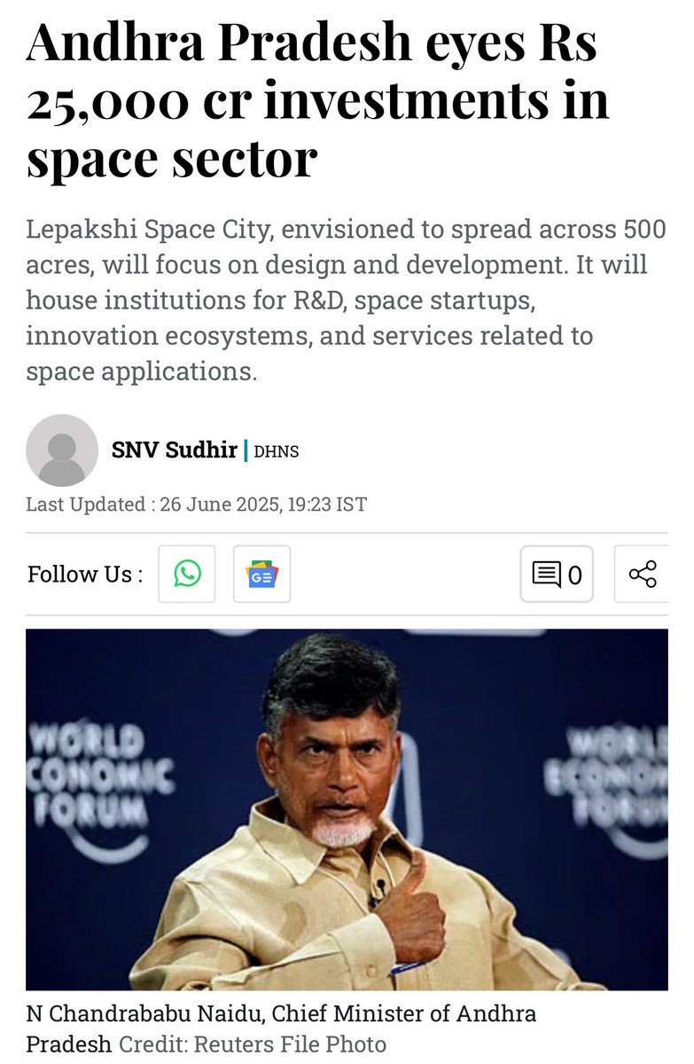 sudhirjourno's tweet photo. Andhra Pradesh is eyeing investments in the space sector with investment subsidies ranging from 25 per cent to 45 per cent.
Read more at: https://t.co/ll3RoEzuPM
#Andhra #AndhraPradesh #SpaceSector #SpaceCities https://t.co/pFzNRaS7rO