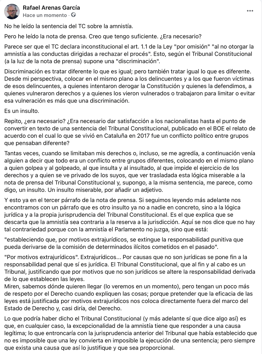 Rafaelarenasgar's tweet photo. ¿Era necesario?
¿No podía el TC dar satisfacción a los nacionalistas sin necesidad de humillar gratuitamente a quienes defienden la ley, sin insultar la lógica jurídica y sin prostituir el concepto de amnistía? 👇👇👇 https://t.co/rKRJbCa07v