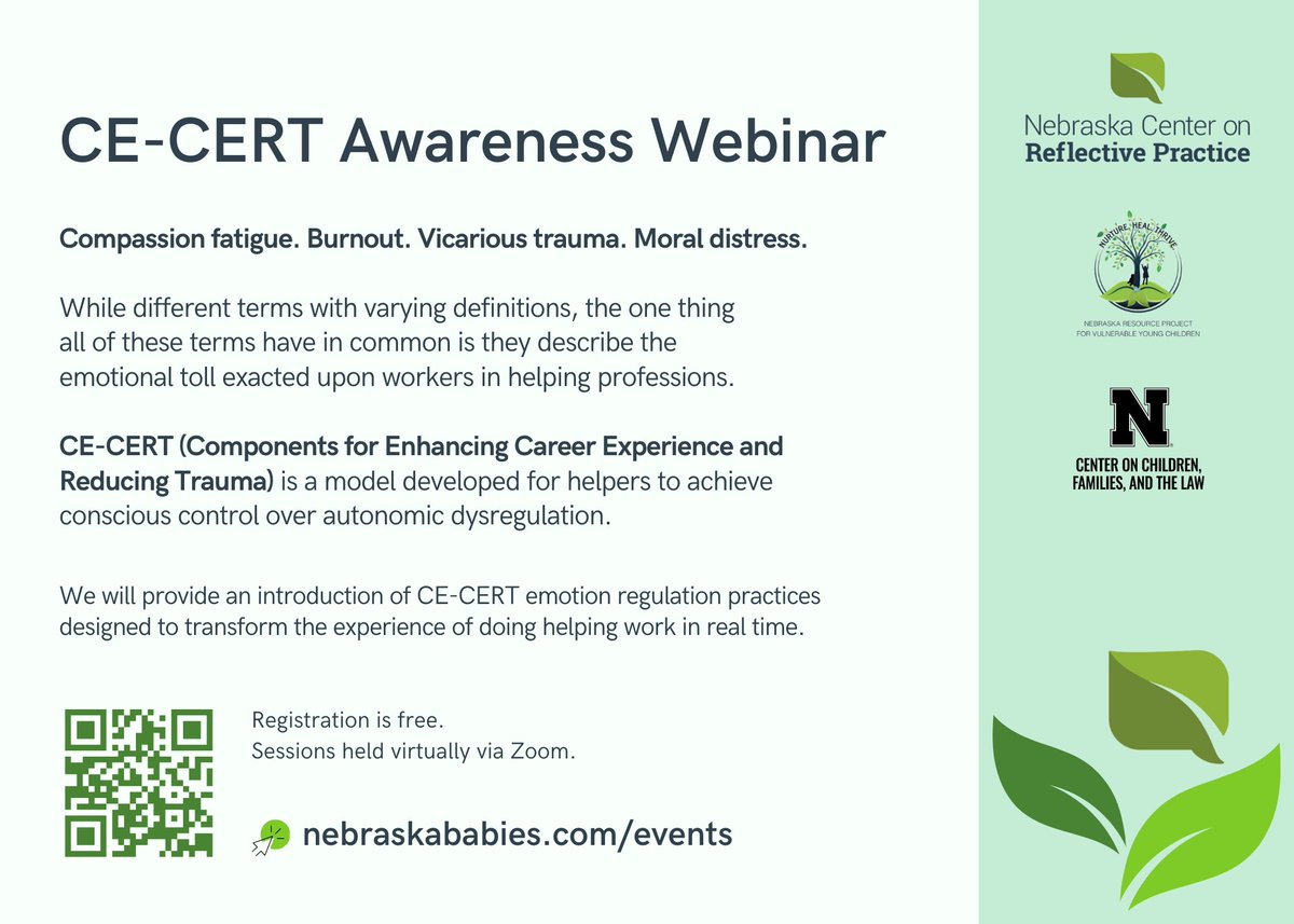 NebraskaBabies's tweet image. ‼️NEW: We are hosting a CE-CERT Awareness Webinar on August 19th from 12-1pm to share how the CE-CERT model can help with the emotional toll exacted upon workers in helping professions. Join us to learn more! nebraskababies.com/events/ce-cert…