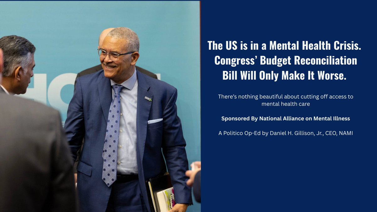 NAMI (@namicommunicate) on Twitter photo As Congress looks to finalize its “One, Big Beautiful Bill Act,” millions of people with mental health conditions and substance use disorders are at risk of losing Medicaid coverage.
NAMI CEO <a href="/DanGillison/">Dan Gillison</a> urges lawmakers to #ProtectMedicaid and #ProtectMentalHealth As Congress looks to finalize its “One, Big Beautiful Bill Act,” millions of people with mental health conditions and substance use disorders are at risk of losing Medicaid coverage.
NAMI CEO <a href="/DanGillison/">Dan Gillison</a> urges lawmakers to #ProtectMedicaid and #ProtectMentalHealth