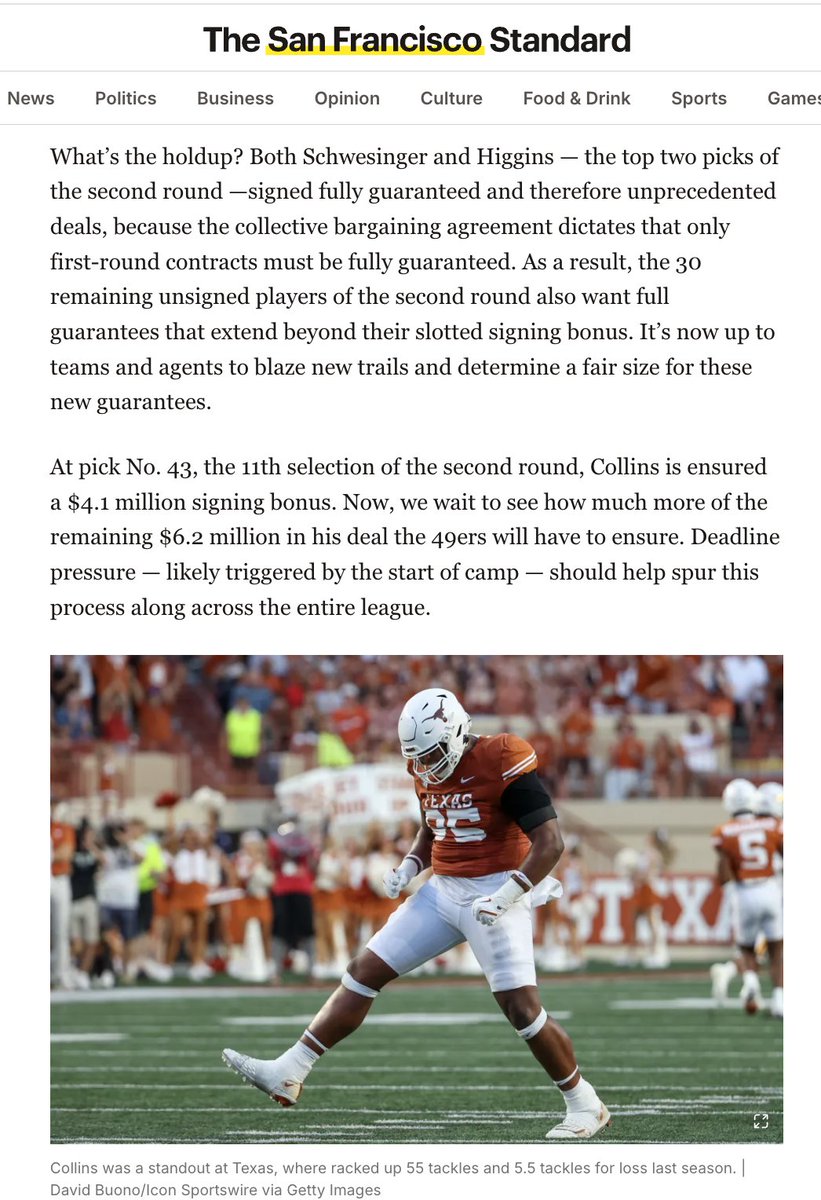 Alfred Collins hasn't signed his contract with the 49ers yet. Neither have most 2nd-round picks. What's the holdup?

All answered here: sfstandard.com/2025/06/25/49e…