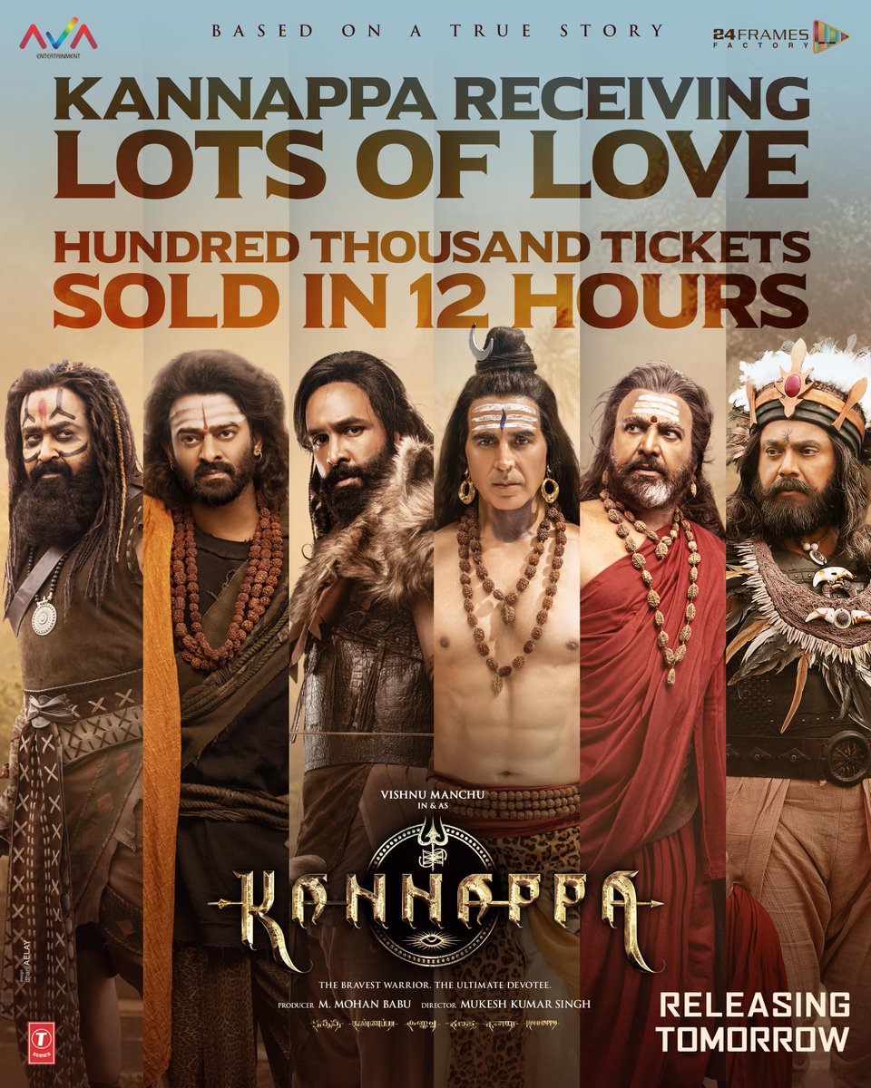 💯 Hundred Thousand strong and counting!
#Kannappa has crossed 1 LAKH TICKETS already! An unstoppable wave of faith, valor &amp; devotion!
Book yours now and join the divine journey!

🎟️ Book Now: bookmy.show/Kannappa

Har Har Mahadev 🔱
Har Ghar Mahadev 🔥

#KannappaInCinemas