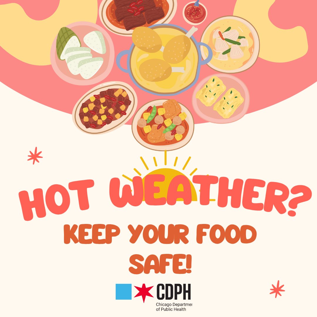 ChiPublicHealth's tweet image. Temperatures are on the rise, and CDPH would like to remind you to practice safe food handling and preparation to avoid foodborne illnesses of any kind.
For more information on food safety, visit the Food Safety FAQ on the CDPH website (chi.gov/4k9oOBS).
#FoodSafety