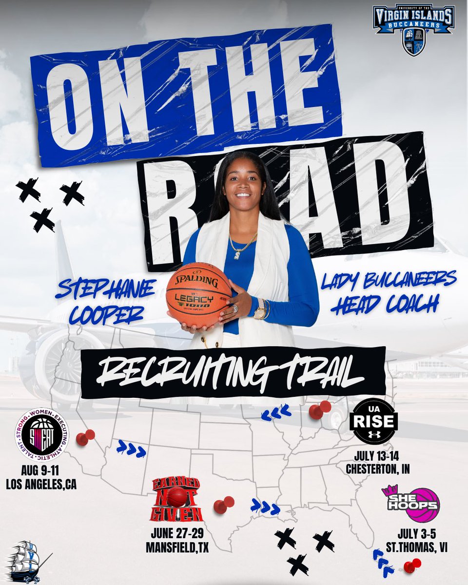 Keep up with Coach Cooper on the road as the Lady Buccaneers’ Head Coach is back on the recruiting trail!

First Stop.

“Earned Not Given”
📍Mansfield,Tx
📆 June 27-29

#SettingTheStandard #BuccUp 
#OneUVI #OneHBCUAC
