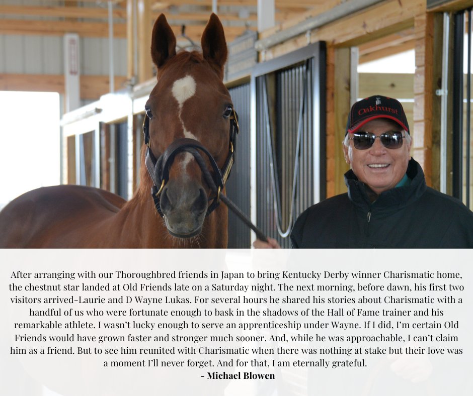 Old Friends (@oldfriendsfarm) on Twitter photo After hearing the news of <a href="/nmrhof/">National Museum of Racing and Hall of Fame</a> member D. Wayne Lukas's retirement from training, Michael Blowen wanted to share this memory of the weekend Charismatic arrived at Old Friends. After hearing the news of <a href="/nmrhof/">National Museum of Racing and Hall of Fame</a> member D. Wayne Lukas's retirement from training, Michael Blowen wanted to share this memory of the weekend Charismatic arrived at Old Friends.