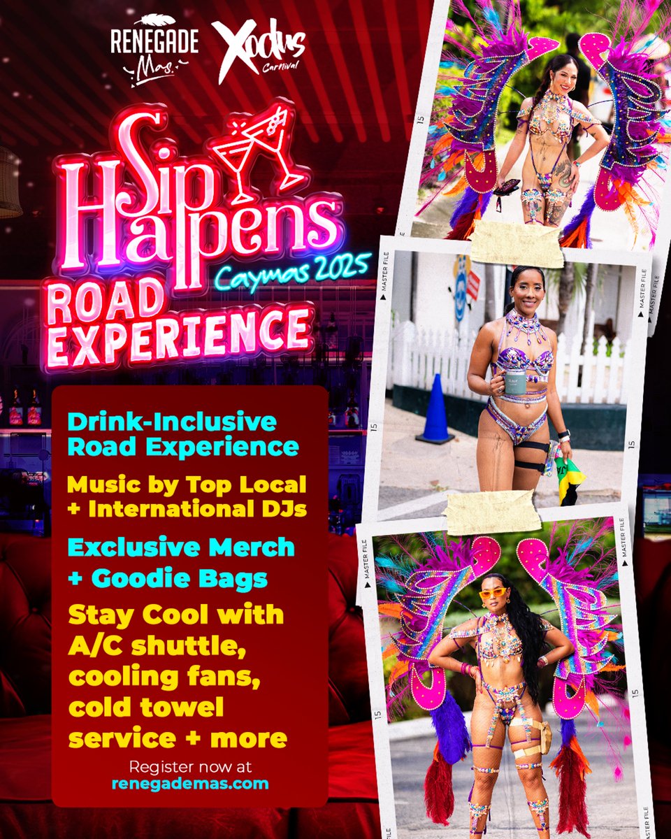 CayMAS loading… are YOU?
Top DJs ✅
Cooling fans ✅
AC Shuttles ✅
Cold towel service ✅
#XodusCarnival &amp; #RenegadeMas bringing the road in STYLE
Register: renegademas.com
#SipHappens #CarnivalDoneRight