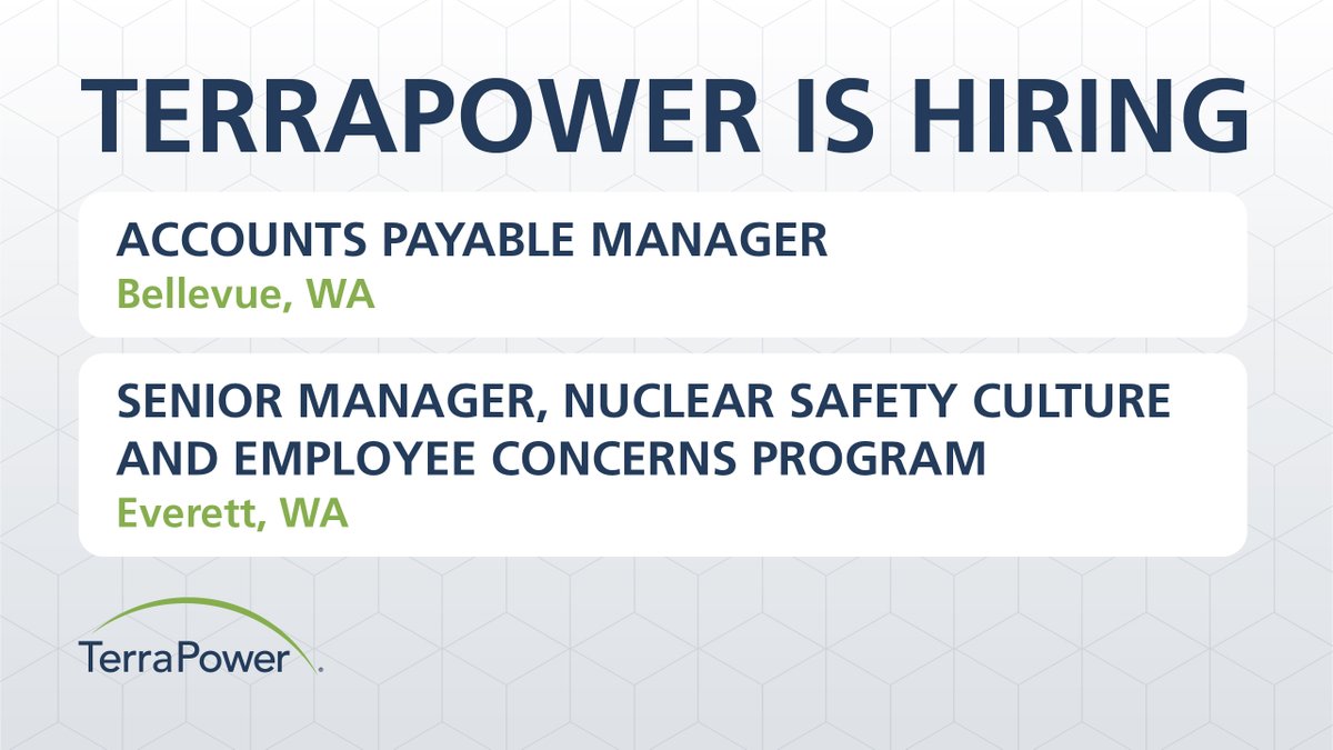 TerraPower's tweet image. Join our team at TerraPower! Help shape the future of nuclear energy and #ApplyNow. 

Accounts Payable Manager: terrapower.com/careers/#op-67… 

Senior Manager, Nuclear Safety Culture Employee Concerns: terrapower.com/careers/#op-66…