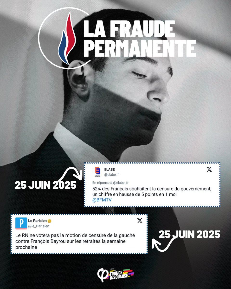 🔴⚡️ Le RN en 2025 : ne votera pas la censure de mardi contre la retraite à 64 ans.

La France en 2025 : 52% souhaitent la censure du Gouvernement Bayrou.

Le RN : Première fraude de France 🥇