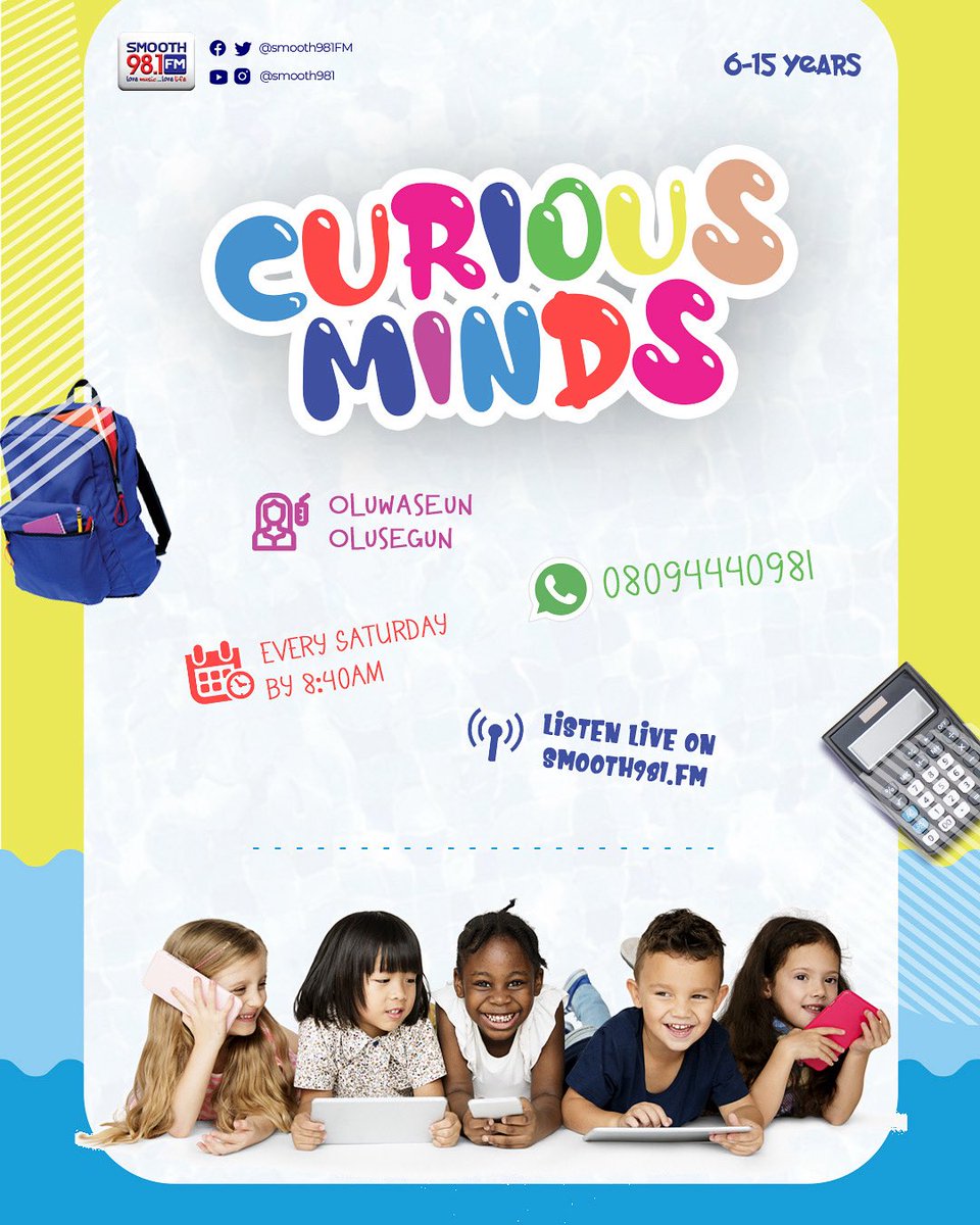 Smooth98.1FM (@smooth981fm) on Twitter photo Curious Minds 981 💛
Every Saturday at 8:40am with Aunty Seun <a href="/oluwaseun_ro/">Oluwaseun R. Olusegun</a>
Let your young one tune in for a creative, entertaining and educational session. 🎈
📻- Smooth 98.1 FM
Or listen live smoothlive.smooth981.fm:8000/smoothlivefm128
❤️💙🤍
#Smooth981 #Children #Kids #Fun #SaturdayPlans Curious Minds 981 💛
Every Saturday at 8:40am with Aunty Seun <a href="/oluwaseun_ro/">Oluwaseun R. Olusegun</a>
Let your young one tune in for a creative, entertaining and educational session. 🎈
📻- Smooth 98.1 FM
Or listen live smoothlive.smooth981.fm:8000/smoothlivefm128
❤️💙🤍
#Smooth981 #Children #Kids #Fun #SaturdayPlans